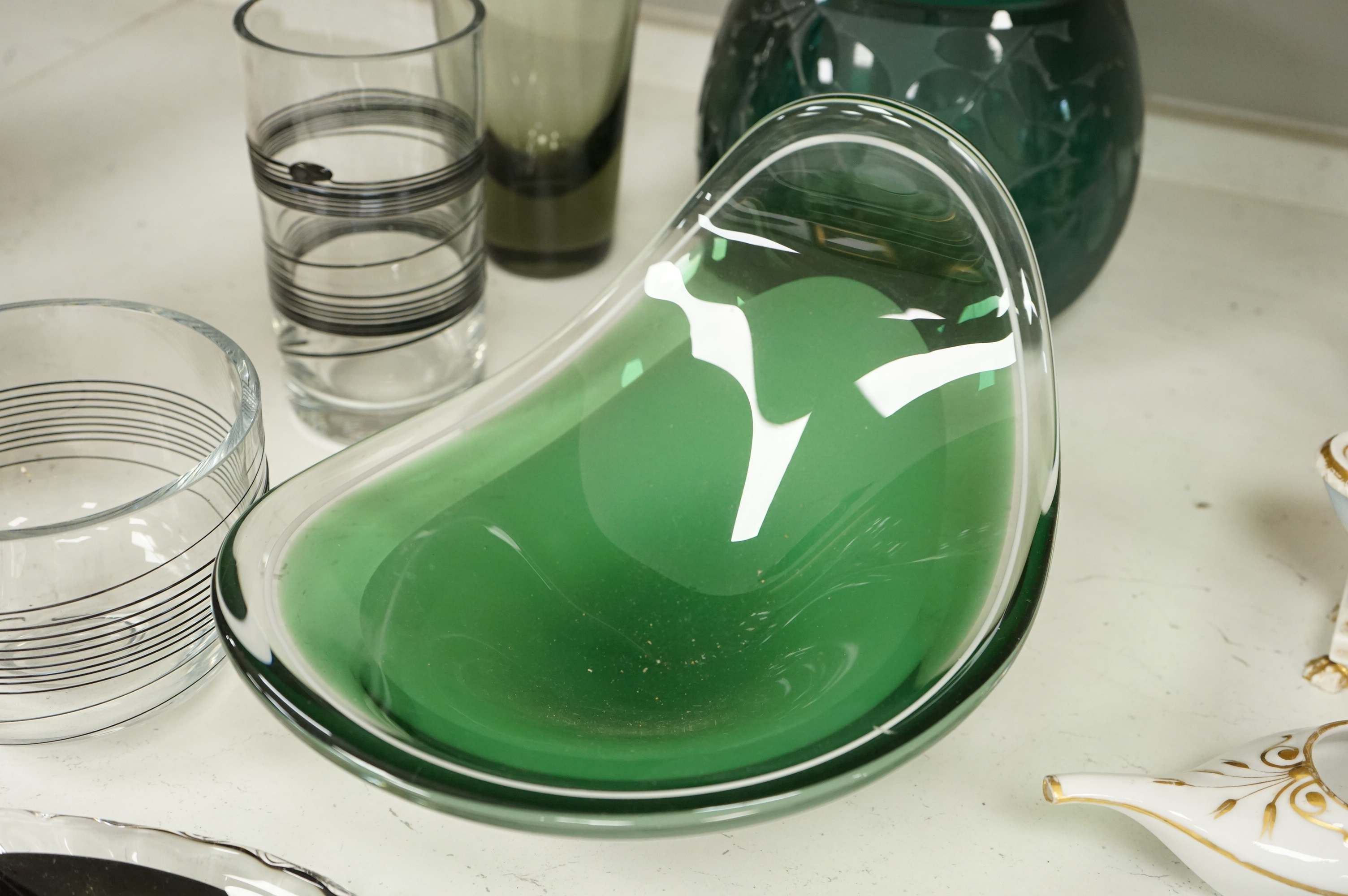 Bertil Vallien for Kosta Boda, an art glass bowl and vase, Holmegaard smoke-glass vase, Ken Benson vase and two other items, largest 31cm wide